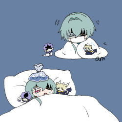  1boy am_starrail anaxa_(honkai:_star_rail) animal_ears animalization aqua_hair black_fur blanket blue_background chibi chibi_only chimera_(honkai:_star_rail) closed_eyes covered_mouth creature crying eyepatch fins fish_tail fur_collar hair_between_eyes hair_ornament hair_tubes half-closed_eye honkai:_star_rail honkai_(series) horns ice ice_bag ice_cube long_hair looking_at_viewer low_ponytail lygus_(honkai:_star_rail) lying male_focus mask mouth_mask multicolored_fur on_back on_bed open_mouth otter_ears phainon_(honkai:_star_rail) phainon_(khaslana)_(honkai:_star_rail) phainon_(vigethos)_(honkai:_star_rail) pillow pink_eyes ponytail purple_fur shark_tail sick simple_background single_hair_tube sitting sweat tail trembling two-tone_fur under_covers v-shaped_eyebrows water white_fur white_mask yellow_fur 