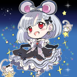  1girl animal_ears bare_shoulders black_choker black_dress black_gloves black_ribbon blush chibi chibi_only choker clothes_lift dress elbow_gloves fake_animal_ears gloves granblue_fantasy high_heels monaca_d mouse_(animal) mouse_ears off-shoulder_dress off_shoulder red_eyes ribbon skirt skirt_lift smile solo star_(sky) vikala_(granblue_fantasy) white_hair 