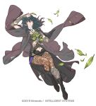  1girl arm_guards arm_up armor armored_dress black_coat black_dress black_footwear black_shorts blue_eyes blue_hair boots breasts brown_legwear byleth_(fire_emblem) byleth_eisner_(female) clothing_cutout coat coat_on_shoulders commentary dagger dress fire_emblem fire_emblem:_three_houses full_body hair_between_eyes holding holding_leaf knee_boots knife leaf leg_armor legwear_under_shorts light_smile looking_at_viewer medium_breasts medium_hair micro_shorts midriff navel navel_cutout official_art pantyhose parted_lips scabbard sheath sheathed short_shorts shorts simple_background smile solo suzuki_rika watermark weapon white_background wind 