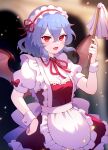  1girl 60mai alternate_costume apron bangs bat_wings blurry blurry_background dress fang hand_on_hip looking_at_viewer maid maid_headdress open_mouth purple_hair red_dress red_eyes remilia_scarlet short_hair short_sleeves solo touhou waist_apron white_apron wings wrist_cuffs 