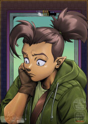  1girl ahoge blush brown_hair closed_mouth dark-skinned_female dark_skin drawga fingerless_gloves furrowed_brow gloves halfling highres hood hoodie jacket legzi_shortstakk pointy_ears ponytail shirt solo tmblyeet tomboy upper_body 