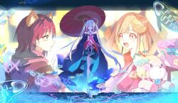  3girls absurdres ahoge animal_ears bag bare_legs bare_shoulders black_choker black_hair blonde_hair blue_eyes blue_hoodie blue_kimono blush brown_hair cho_kaguya-hime! choker closed_mouth colored_inner_hair commentary_request crescent crescent_hair_ornament fish forehead_jewel fox_ears fox_girl fox_shadow_puppet fox_shadow_puppet_kiss full_body girl_sandwich green_eyes hair_ornament hair_rings hair_stick highres holding holding_umbrella hood hood_down hoodie huaxingxing japanese_clothes kaguya_(cho_kaguya-hime!) kimono long_hair looking_at_another looking_at_viewer lop_rabbit_ears mole mole_under_eye multicolored_hair multiple_girls octopus off_shoulder oil-paper_umbrella one_eye_closed open_mouth orange_eyes pink_hair pink_nails purple_hair purple_kimono rabbit_ears rabbit_girl red_kimono runami_yachiyo sakayori_iroha sandwiched sea_slug shirt short_hair shoulder_bag smile standing straight_hair stuffed_animal stuffed_toy teddy_bear teeth twintails umbrella umbrella_octopus upper_body upper_teeth_only water white_hair 