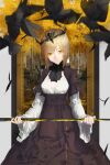  1girl absurdres animal autumn bird black_feathers blade blonde_hair blood blood_on_weapon cross crow crown crying crying_with_eyes_open dress dripping feathers flying grave highres holding holding_weapon hui_feng original painting_(object) picture_frame solo tears tombstone tree weapon yellow_blood yellow_eyes yellow_theme 