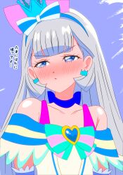  1girl absurdres animal_ear_hairband animal_ears aqua_bow arm_warmers armpit_crease arms_at_sides bare_shoulders blue_background blue_choker blue_crown blue_eyes blue_hairband blunt_bangs blush bow bow_choker bow_hairband brooch cat_ear_hairband cat_ears chest_bow choker closed_mouth collarbone commentary crown crown_earrings cure_nyammy dress earrings fake_animal_ears frilled_arm_warmers frilled_dress frills frown furrowed_brow hairband half-closed_eyes heart heart_brooch highres jewelry lipstick long_hair looking_to_the_side magical_girl makeup mini_crown multicolored_bow nekoyashiki_yuki nose_blush off-shoulder_dress off_shoulder portrait precure red_lips scribble_background shinonome_sakura solo straight_hair striped_bow tilted_headwear translated very_long_hair white_arm_warmers white_background white_bow white_dress white_hair wonderful_precure! 