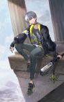  1boy arene_(arknights) arknights bishounen black_nails choker ear_piercing full_body green_eyes grey_hair highres jacket looking_at_viewer male_focus mumu_(leelee_mumu) outdoors pants piercing shoes sitting solo staff weapon 