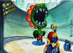  1boy 1other boss_fight caydeplanet commentary english_commentary f.l.u.d.d. hat highres mario oil_painting_(medium) painting_(medium) petey_piranha plant_monster red_hat sharp_teeth signature super_mario_bros. super_mario_sunshine teeth traditional_media user_interface 