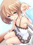  1girl bare_shoulders blanc_(neptune_series) blue_eyes blush breasts brown_hair dress food happy hot ice_cream iwashi_dorobou_-r- looking_at_viewer neptune_(series) short_hair sitting small_breasts smile solo sweat white_dress 