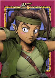  1girl blush_stickers braid braided_ponytail closed_mouth dark-skinned_female dark_skin drawga earrings gloves halfling headband highres jewelry legzi_shortstakk lips long_hair pointy_ears shirt single_blush_sticker smile solo tmblyeet upper_body 