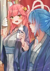  2girls absurdres ahoge alternate_costume bell blush closed_eyes closed_mouth drink_carton fang food hair_bell hair_ornament highres holding holding_food holding_ice_cream holding_milk_carton hololive hoshimachi_suisei ice_cream japanese_clothes jingle_bell kimono looking_at_another milk_carton multiple_girls open_mouth pink_hair sakura_miko skin_fang smile virtual_youtuber x_hair_ornament yukata yuzuno_wagiri 