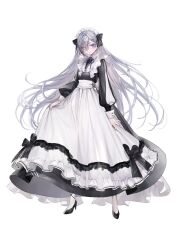  1girl ahoge ankle_garter apron bare_arms bare_legs bare_shoulders black_hairband black_sleeves blue_eyes bow bowtie breasts collar commentary_request corset dress dress_bow frilled_collar frilled_dress frilled_garter_belt frilled_sleeves frills full_body grey_eyes grey_hair hair_ornament hair_over_one_eye hair_spread_out hairband hairclip hairpin heterochromia high_heels long_hair long_sleeves looking_at_viewer maid_apron maid_headdress mandarin_collar medium_breasts nekometaru official_art petticoat popped_collar ribbon shibou_yuugi_de_meshi_wo_kuu. shoes simple_background skirt_hold sleeve_cuffs socks solo straight_hair towel violet_eyes white_background white_dress white_hair white_ribbon white_shoes white_socks yuuki_(shibou_yuugi) 