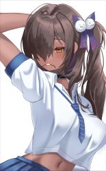  1girl arm_up belt_collar black_collar blue_necktie blue_ribbon blue_skirt breasts brown_hair collar commentary_request cropped_shirt dark-skinned_female dark_skin diagonal-striped_clothes diagonal-striped_necktie goddess_of_victory:_nikke gradient_ribbon gyaru hair_over_one_eye hair_tie_in_mouth large_breasts leaning_forward long_hair looking_at_viewer midriff mouth_hold multicolored_ribbon naga_(nikke) navel necktie orange_eyes parted_bangs purple_ribbon ribbon rubber_band school_uniform shirt short_sleeves side_ponytail simple_background skirt solo striped_clothes striped_skirt two-tone_necktie two-tone_skirt type09_sachi vertical-striped_clothes vertical-striped_skirt white_background white_necktie white_shirt white_skirt 