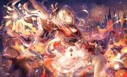  1girl absurdres arm_up bell black_gloves black_hat braid breasts building burning chinese_commentary city_lights cityscape clothing_cutout collar commentary_request danli_suri diamond_(shape) diamond_facial_mark diamond_on_cheek facial_mark fireworks fish floating floating_hair frilled_collar frilled_skirt frilled_sleeves frills gloves goldfish grey_hair hand_up hat hat_ornament heart heart_facial_mark heart_on_cheek highres holding holding_fireworks honkai:_star_rail honkai_(series) long_hair looking_at_viewer mark_under_both_eyes mini_hat mini_top_hat multicolored_hair night one_eye_closed open_mouth pink_eyes plaid_clothes plaid_sleeves planarcadia_(honkai:_star_rail) rabbit_ear_headwear rabbit_hat_ornament red_eyes shoulder_cutout single_glove sitting skirt skyline smile socks solo sparkle_(honkai:_star_rail) sparxie_(honkai:_star_rail) supplicant_mask thumbs_up_emoji top_hat twintails very_long_hair white_hair white_socks wide_sleeves 