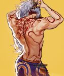  1boy arataki_itto artist_name back biceps black_nails claws ear_piercing earrings genshin_impact highres jewelry long_hair male_focus manly mature_male multicolored_hair muscular muscular_male pants piercing ponytail redhead signature simple_background solo tattoo umikochannart white_hair yellow_background 