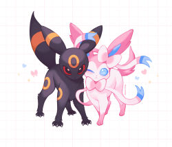  animal_focus black_fur blue_eyes blue_sclera blush bow closed_mouth colored_sclera commentary heart highres looking_at_viewer mong_(mong_milo) no_humans one_eye_closed pink_fur pokemon pokemon_(creature) pokemon_focus red_sclera ribbon sylveon two-tone_fur umbreon untranslatable_commentary white_fur 
