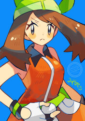  1girl :< anidler91 bandana black_eyes blue_background brown_hair commentary_request dress eyelashes fingerless_gloves gloves green_bandana highres looking_at_viewer may_(pokemon) orange_dress pokemon pokemon_emerald pokemon_rse sleeveless sleeveless_dress solo 