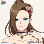  1girl artist_name bare_shoulders black_choker blue_eyes brown_hair character_name choker collarbone earrings flower hair_flower hair_ornament jewelry katarina_claes long_hair necklace otome_game_no_hametsu_flag_shika_nai_akuyaku_reijou_ni_tensei_shite_shimatta simple_background smile solo takamizawa_usui upper_body white_background 