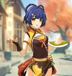  1girl :d black_dress blue_hair blurry blurry_background braid breasts brown_gloves cleavage_cutout clothing_cutout cowboy_shot day dress fingerless_gloves genshin_impact gloves hair_ornament hairclip highres holding holding_plate open_mouth outdoors plate sabaku_(phez2387) shiny shiny_hair short_dress short_hair small_breasts smile solo standing xiangling_(genshin_impact) yellow_eyes 