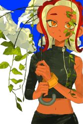  1girl agent_8_(splatoon) clouds crop_top crying crying_with_eyes_open dark-skinned_female dark_skin highres holding holding_umbrella looking_at_viewer medium_hair navel octoling open_mouth orange_eyes plant red_hair satoka_yoyo single_sleeve solo splatoon_(series) splatoon_2 splatoon_2:_octo_expansion tears tentacle_hair umbrella vines 