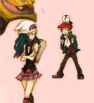  1boy 1girl alternate_costume animal_on_head bad_id beanie beret bird bird_on_head black_hair blue_eyes blue_hair blush giratina hat hikari_(pokemon) kouki_(pokemon) kouki_(pokemon)_(remake) mekabu_(tomato324) piplup pokemon pokemon_(creature) pokemon_(game) pokemon_dppt scarf skirt sweat 