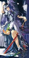  alternate_costume blue_hair crossed_legs hand_on_hat hat high_heels hinanawi_tenshi legs long_hair red_eyes shoes single_thighhigh sitting smile solo sword sword_of_hisou thighhighs throne tomasu touhou weapon white_legwear 