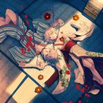  barefoot blonde_hair brother_and_sister camellia_(flower) chain chains collar floor flower from_above genkii iroha_uta_(vocaloid) japanese_clothes kagamine_len kagamine_rin kimono light lying on_back short_hair siblings twins vocaloid 