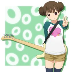  brown_hair casual guitar instrument k-on! katatsuka_kouji raglan_sleeves red_eyes short_hair short_twintails shorts solo suzuki_jun thigh-highs thighhighs twintails v 