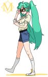  1girl aqua_eyes aqua_hair bespectacled blush casual digital_media_player earphones earphones glasses hatsune_miku hipster ipod kiriririn long_hair scrunchie shoes shorts sneakers socks solo twintails vocaloid 