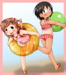  armpits backpack bag ball beachball bikini black_eyes black_hair blush brown_eyes brown_hair casual_one-piece_swimsuit character_request child denki_(digi6598) flat_chest frame frilled_swimsuit frills goggles goggles_on_head hair_bobbles hairclip innertube megu's_friend_(mitsudomoe) megu_(mitsudomoe) mitsudomoe multiple_girls one-piece_swimsuit randoseru sandals short_hair short_twintails swimsuit tan tankini tanline twintails 