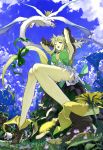  armpits arms_up bare_legs blonde_hair blue_eyes blurry bow breasts cleavage depth_of_field dragon flammie flower from_below hair_bow happy highres large_breasts legs long_hair long_legs nakaba_reimei nature open_mouth riesz seiken_densetsu seiken_densetsu_3 sideboob sitting sky smile thighs very_long_hair wink 