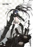  belt beltskirt black_hair black_rock_shooter blue_eyes boots cannon chain chains gauntlets glowing glowing_eyes greaves huge_weapon insane_black_rock_shooter long_hair midriff navel pale_skin scar shomon shorts solo sword twintails uneven_twintails weapon 