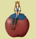  apple bad_id blush boots brown_hair dress food fruit highres holo long_hair minigirl pantyhose red_eyes sitting skirt smile solo spice_and_wolf sssshhh wolf_ears 