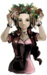  aerith_gainsborough bracelet braid brown_hair dress female final_fantasy final_fantasy_vii flower green_eyes jacket long_hair miso_katsu pink_ribbon ribbon single_braid solo 