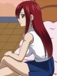  awa breasts brown_eyes earrings erza_scarlet fairy_tail impossible_shirt jewelry legs_crossed long_hair looking_back pleated_skirt profile redhead sitting skirt sleeveless solo 