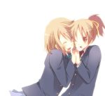  brown_hair closed_eyes hirasawa_ui hirasawa_yui k-on! ponytail school_uniform short_hair siblings sisters wink yoshizuna 