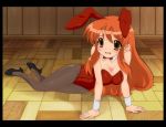   animal_ears asahina_mikuru brown_eyes rabbit_ears bunnysuit floor long_hair on_side orange_hair pantyhose sillabub suzumiya_haruhi_no_yuuutsu  