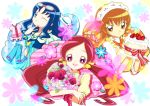  blue_eyes blue_hair brown_eyes brown_hair cake flower food futari_wa_precure goggles goggles_on_head hanasaki_tsubomi heartcatch_precure! highres imahia kurumi_erika long_hair multiple_girls myoudouin_itsuki pants precure red_eyes red_hair redhead saihia short_hair thigh-highs thighhighs wink 