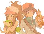  brown_hair grin hat pokemon pokemon_(game) pokemon_black_and_white pokemon_bw ponytail smile snivy sooya soya tepig touko_(pokemon) touya_(pokemon) 