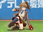  baseball_mitt brown_eyes brown_hair jacket legs lielos necktie original panties pantyshot poniko_(lielos) ponytail school_uniform solo sweater_vest underwear upskirt 