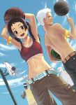  armband armpits arms_up basketball basketball_hoop belt black_hair brown_eyes crop_top dutch_angle k+ midriff navel open_mouth original pants sky tank_top twintails white_hair 