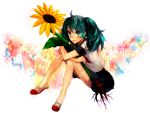  aqua_hair bad_id czc czc_(deko) flower hatsune_miku legs school_uniform shoes sitting skirt sunflower uwabaki vocaloid 