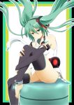  anklet aqua_eyes aqua_hair barefoot belt detached_sleeves elbow_gloves fingerless_gloves gloves hatsune_miku hatsune_miku_(append) jewelry long_hair miku_append necktie shin'ya_(nanp) shinya_(nanpp) sitting solo thigh-highs thighhighs toeless_socks twintails vocaloid vocaloid_append zettai_ryouiki 