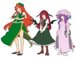  book boots braid china_dress chinese_clothes crescent cross frills hat head_wings hong_meiling inverted_cross koakuma long_hair matsutani necktie patchouli_knowledge purple_eyes purple_hair red_eyes red_hair redhead side_slit skirt star touhou twin_braids v_arms vest violet_eyes wings 