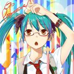  :o aqua_hair arrow bad_id bust directional_arrow glasses hatsune_miku necktie open_mouth red-framed_glasses shuku solo spring_onion twintails vocaloid 