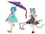  :p bloomers blue_eyes blue_hair geta grey_hair heterochromia karakasa karakasa_obake kneehighs matsutani mouse_ears mouse_tail nazrin no_socks red_eyes skirt socks tail tatara_kogasa tongue touhou umbrella 