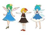  blonde_hair blue_eyes blue_hair bow cirno crossed_arms daiyousei green_eyes green_hair hair_bow kneehighs matsutani outstretched_arms red_eyes rumia short_hair side_ponytail socks spread_arms touhou wings 