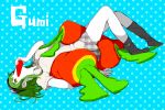  carrot goggles goggles_on_head green_eyes green_hair gumi lying pillow short_hair skirt socks solo vocaloid 