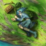  1girl backpack bag blue_hair from_above grass hair_bobbles hair_ornament hat hat_removed headwear_removed kawashiro_nitori lying on_side outdoors pliers rubber_boots shade shadow short_hair skirt skirt_set sleeping solo tool_kit touhou twintails water wrench yukiru_(zoroacute) 