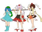  animal_ears backpack bag blue_eyes blue_hair boots brown_hair cucumber detached_sleeves fan flat_color geta hair_bobbles hair_ornament hat inubashiri_momiji kawashiro_nitori key matsutani red_eyes rubber_boots salute scarf shameimaru_aya shield short_hair silver_hair skirt sword tabi tail tengu-geta tokin_hat tongue touhou weapon wink wolf_ears wolf_tail 