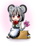  animal_ears blush bowtie box capelet chibi enmaided grey_hair ichimi jeweled_pagoda maid mouse_ears mouse_tail nazrin red_eyes ribbon tail tail_ribbon touhou 