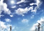  blonde_hair blue_hair cloud clouds condensation_trail contrail gen_(enji) green_hair highres macross macross_frontier ponytail ranka_lee saotome_alto scenery sheryl_nome sky 